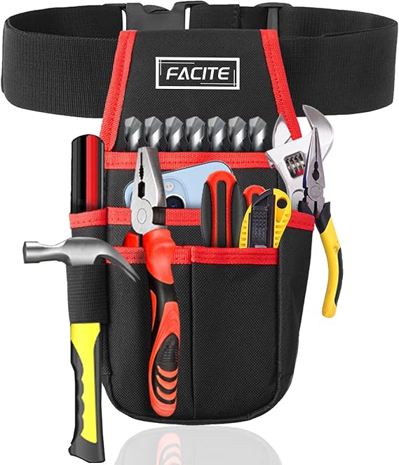 Electrician Tool Pouch with Belt Clip Tool Belt Pouches for Men Small Tool Pouch Holder Mini Oxford Waist Bag for Tool 7 Pockets& Loops Adjustable Utility Tool Organizer Bag Carpenter
