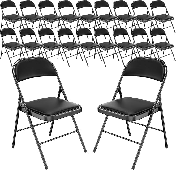 Bonnlo Folding Chair with Comfortable Padded Cushion and Back, Portable Folding Chairs for Outside, Office Events, Weddings, Pu Leather, 20 Black