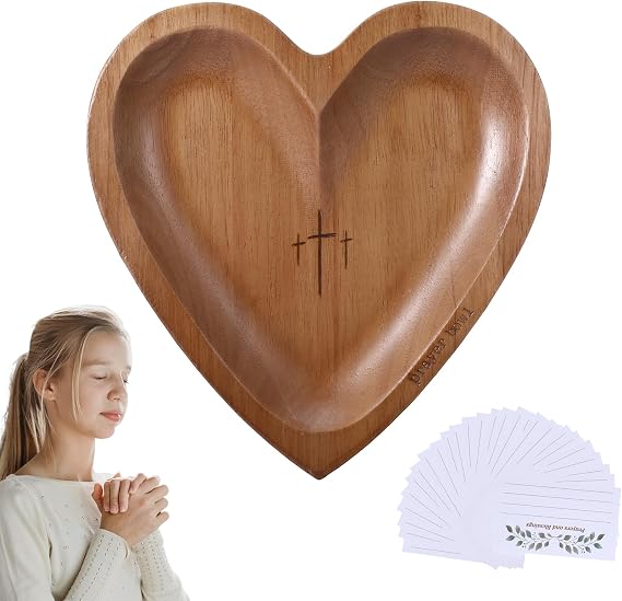 Heart Prayer Bowl with Cross, Dough Wooden Prayer Bowl with Engraved Cross and 24 Cards, Religious Christian Gifts for Women Devotional Prayer Gifts Prayer Room Decor