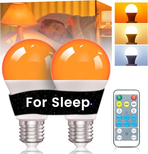 A60 E27 LED Dimmable Bulb with Remote Control, 9W E27 Screw Bulb, Amber Light Bulb, 3 CCT 1600K/3000K/6000K, Warm Light Bulbs, Blue Light Blocking for Bedroom Livingroom Ambibent Sleep, 2 Pack [Energy Class G]
