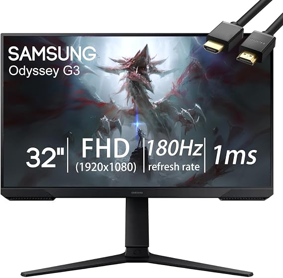 Samsung Odyssey G3 Series Gaming Monitor, 32" FHD 180Hz 1ms LED Flicker-Free Eye Saver Display, AMD FreeSync, Adjustable Stand, Black Equalizer, Virtual Aim Point, HDMI, DisplayPort, w/HDMI Cable