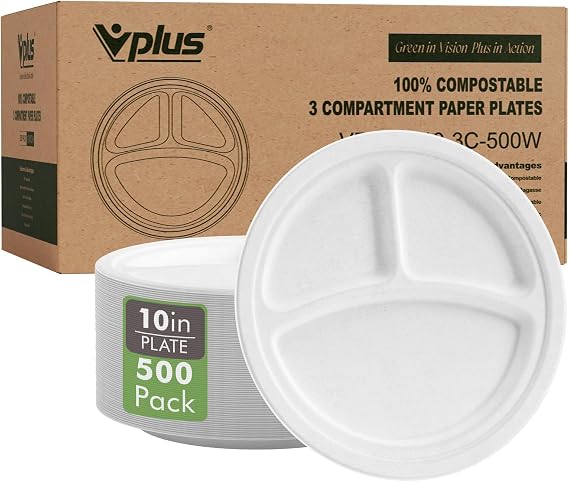 Vplus Compostable Plates, 500 Pack 10 Inch 3 Compartment Plates, White | Disposable, Heavy Duty Biodegradable Plates, Made of Sugar Cane Fibers, Perfect for Daily meals, Dinner, Parties, BBQ