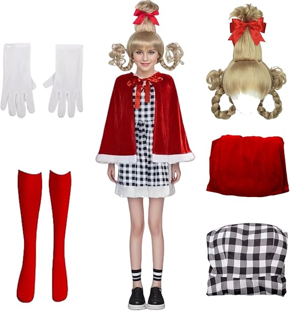Buyoem Cindy Lou Who Costume Adult Women Cindy Lou Who Dress with Wig Hooded Robe Christmas Cosplay Outfits