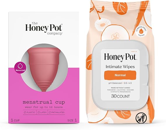 The Honey Pot Company - Size 1 Menstrual Cup - 12 Hour Reusable Protection for Periods & Normal Wipes Bundle, 30 ct - Daily PH Balancing, Fragrance & Sulfate Free for Intimate Parts, Body, or Face