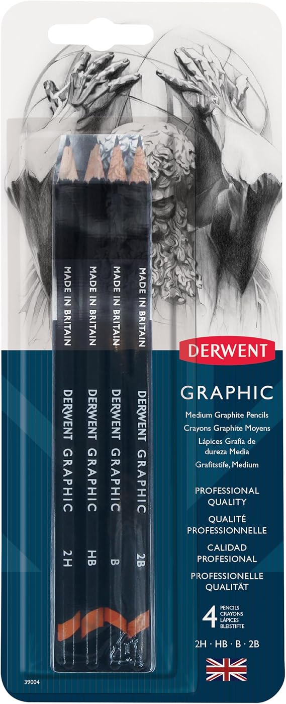 Derwent Graphic Medium Graphite Drawing Pencils, Set of 4, Professional Quality, 39004