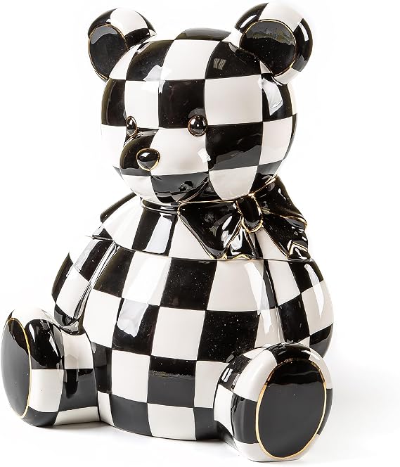 MACKENZIE-CHILDS Ceramic Cookie Jar with Lid, Courtly Bear | Hand-painted design, made from dolomite ceramic, decorative jar for kitchen or dining room, 9" W x 12" H, 48-ounce capacity