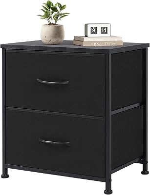 Hexago Black Nightstand Small 2 Fabric Drawer Dresser End Table with Metal Frame and Wood Top Night Stand for Bedroom, Closet, Dorm and Entryway