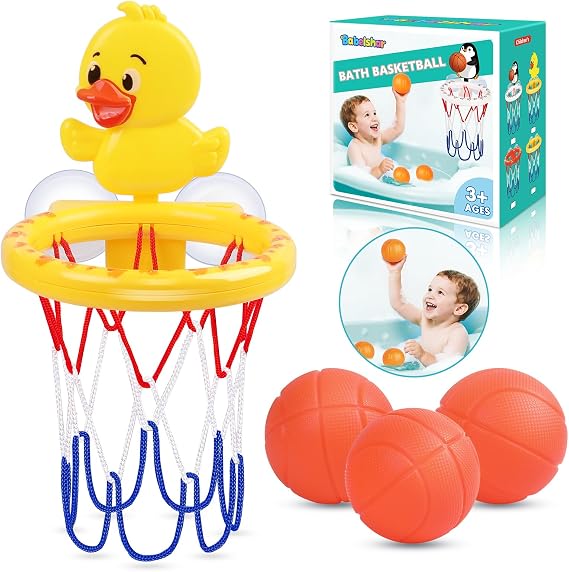 Bath Toys, Bathtub Basketball Hoop for Toddler Kids, 3 Soft No Hole Balls & Bath Basketball Hoop with Strong Suction Cup, Yellow Duck Baby Shower Bath Toys Set for Boys and Girls