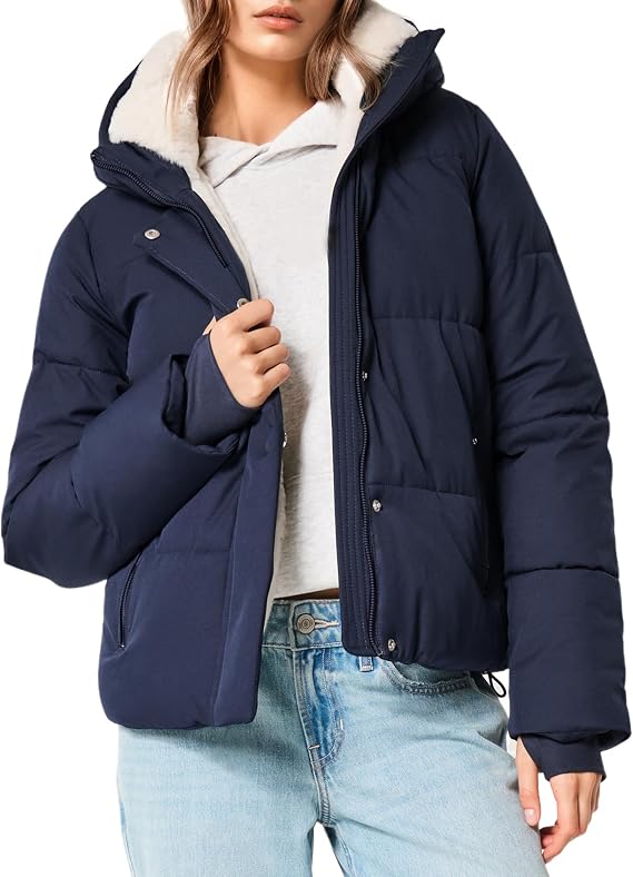 Arssm Women Cropped Puffer Jacket Fur-Lined Warm Quilted Jacket