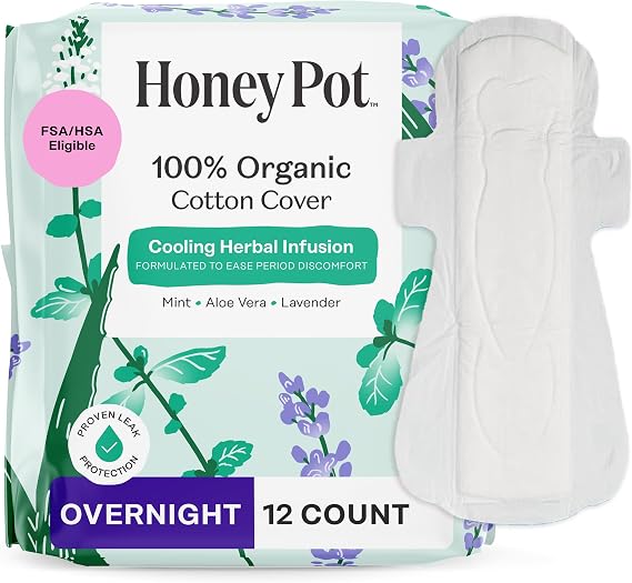 The Honey Pot Company - Cooling Herbal - Overnight - Pads for Women | Cooling Effect - Infused w/Mint, Aloe, Lavender - Organic Cotton Cover - Menstrual Pads w/Wings - Feminine Care - 12ct