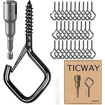 30 Pcs Outdoor Hooks for String Lights,Screw Hooks for Hanging Plants,Ceiling Hooks with Safety Buckle,Square Hanger for Wind Chimes,Bird Feeder,Lanterns,Christmas Decorations (Black)