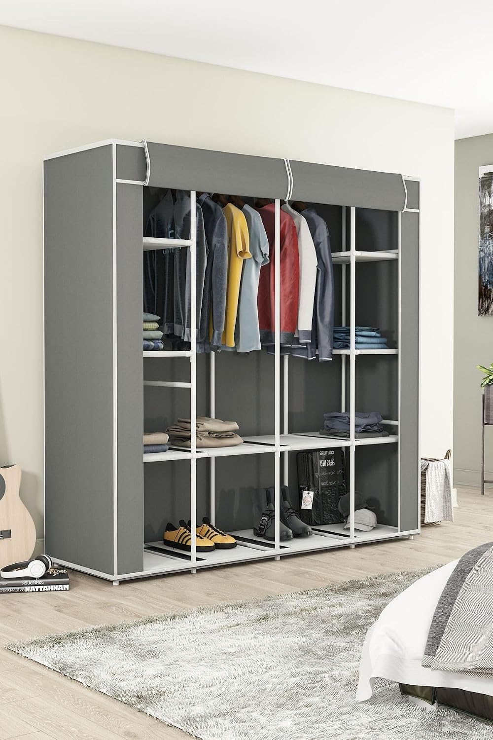 Large Clothes Cabinet, Cloth Wardrobe with 3 Compartments, Grey, 9 Shelves and Hanger