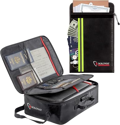 ROLOWAY Multi-Layer Fireproof File Storage Bag Black 17 x 11.8 x 5 inch with Lock & Large Fireproof Document Bag with 2 Pockets Black