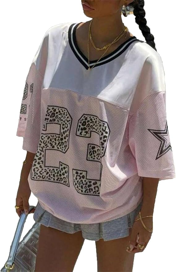 Women’s Y2k Oversized Number Graphic Shirts V Neck Short Sleeve Jersey Top Summer Going Out Tees Aesthetic Clothes