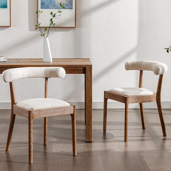 Kmax Dining Room Chairs Mid-Century Modern Fabric Kitchen Chairs with Natural Walnut Finished Frame, Linen Curved Back, 2-Pcs Set, Beige
