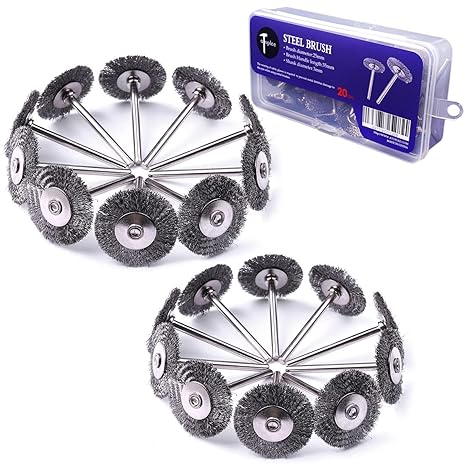 ATOPLEE Wire Wheel Brush Set,20pcs 1 Inch Mini Wire Wheel with 1/8 Inch Round Shank,Crimped Wire Brush Wheel for Rust Removal, Corrosion and Scrub Surfaces,for Drill Attachment