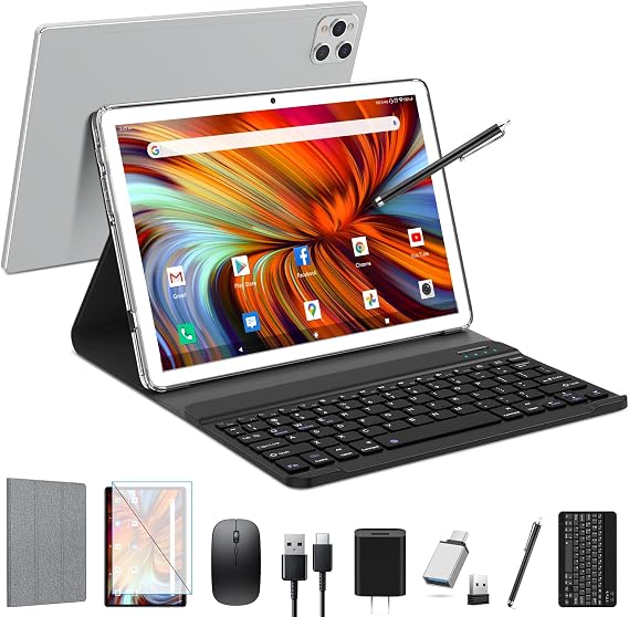 EITOMIN Tablet 10 inch 2026 Latest Android Tablet 128GB ROM+16GB RAM+1TB Expandable Octa-Core 5G WiFi 1080FHD/13MPCamera/7000mAh/Bluetooth 5.0/GPS/Tab with Keyboard/OTG/Mouse/Pen Silver