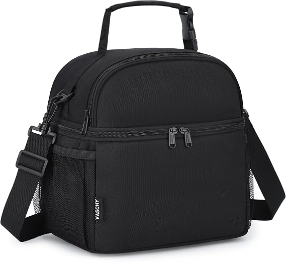 VASCHY Lunch Box Bag, Insulated Double Compartments Cooler Lunch Tote for Men Women/School/Work/Picnic Black