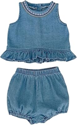 HOOLCHEAN Baby Infant Girls Soft Denim Sweet Sleeveless Ruffle Hem T-shirt Dress and Shorts Set