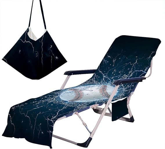 Baseball Beach Chair Towel with Side Pockets Thick and Quick Dry Chaise Lounge Cover for Pool Sun Lounger Sunbathing Garden Beach Hotel (Black)