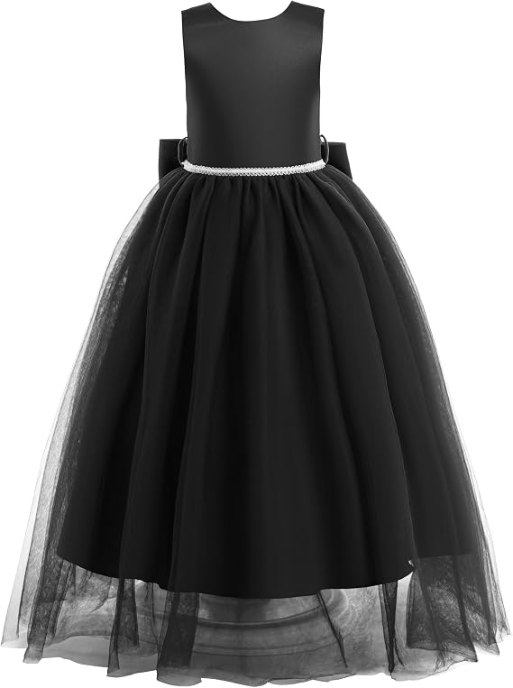 Glamulice Flower Girls Satin Bridesmaid Dress V Open Back Long A Line Wedding Pageant Dresses Princess Party Ball Gown