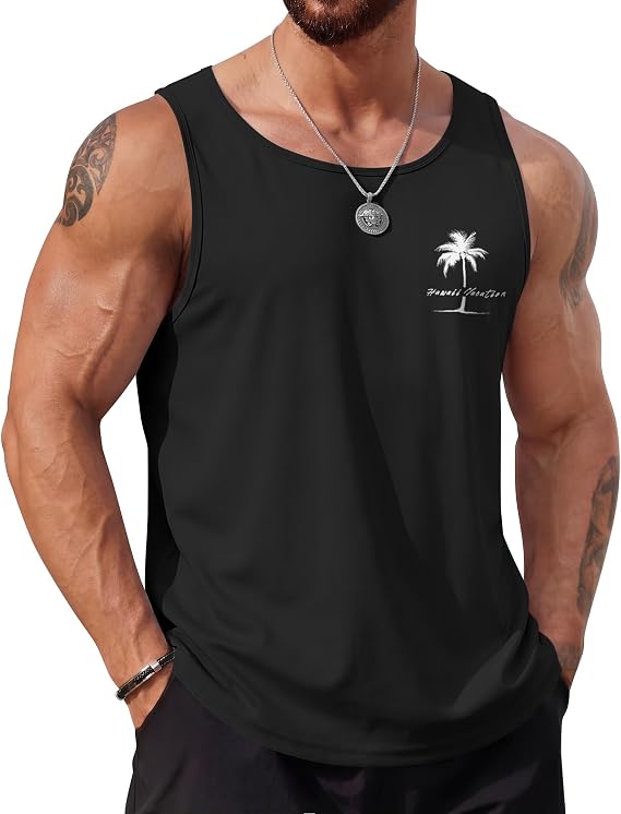 COOFANDY Mens Beach Tank Tops Summer Cotton Sleeveless Graphic T Shirts Palm Tree Casual Vacation Muscle Tank