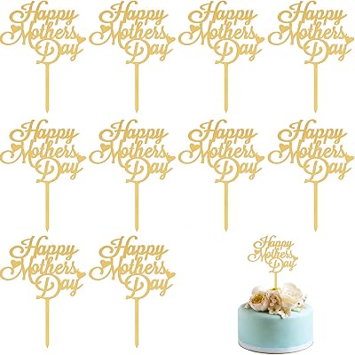 Mothers Day Cake Topper, 10pcs Acrylic Happy Mothers Day Cupcake Topper for Birthday Party Decoration Supplies Gold