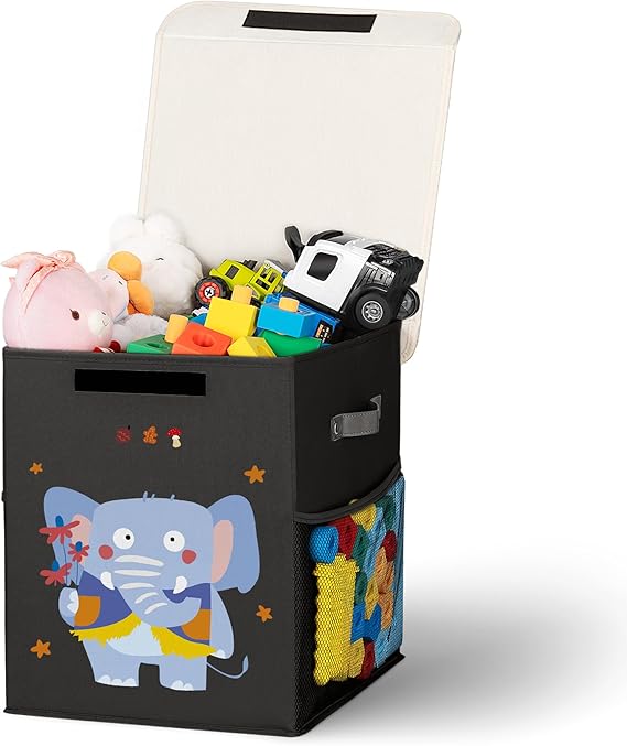 Toy Box, Toy Storage Box with Lid-13"x13" x16"(black-animal)