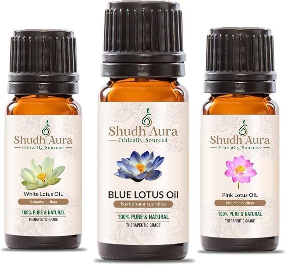 Lotus Essential Oil Combo Pack, Set of 3 Bottles, Pink Lotus, Blue Lotus, White Lotus, 100% Pure, Undiluted and Natural, 5 ML