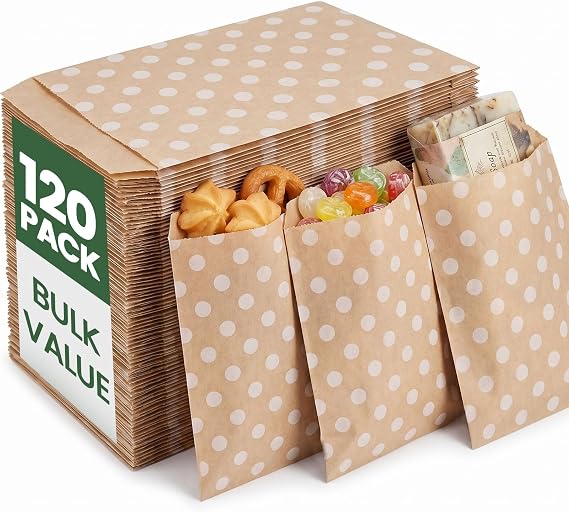 VGOODALL Flat Kraft Paper Bags, Paper Sandwich Bags, 120PCS | Dot pattern 5" x 7" multi-use treat bags for cookies, popcorn, food storage, bakery, donuts & more