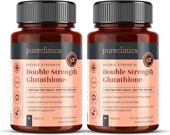 Glutathione 1000mg – 120 Tablets (2 x 60 Pack, 1-a-Day) by Pureclinica | High Strength with 500mg Glutathione, 300mg ALA & 200mg Vitamin C per Tablet | Antioxidant & Detox Support