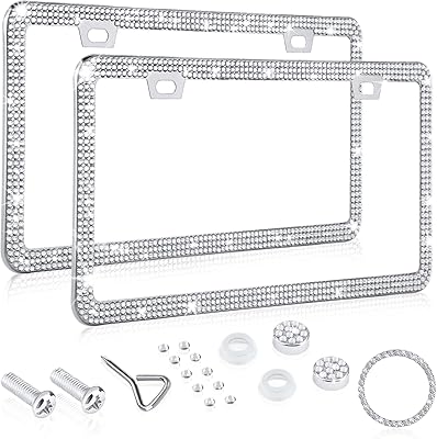 Diamond License Plate Frame,Luxury Clear Glass Crystal Rhinestone Bling License Plate Frame, Thin Border Stainless Sparkly Bedazzled License Plate Frames for Women Cute with Anti Theft Screw 2Pack
