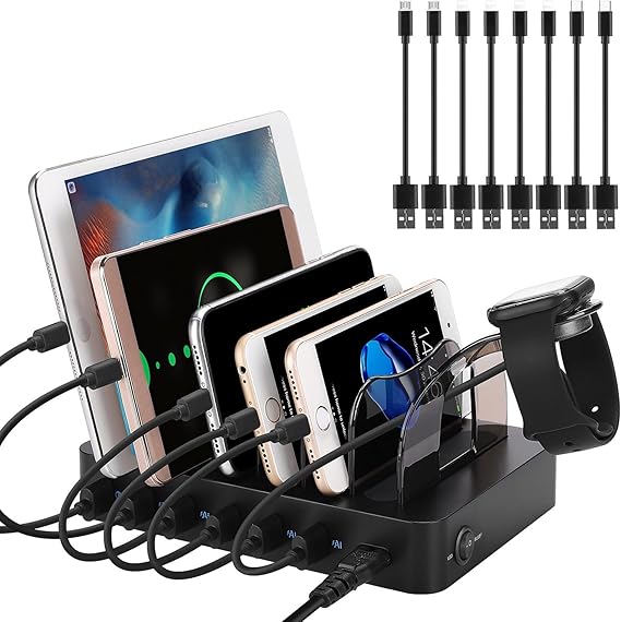 Charging Station with 8pcs Short Charge Cables, 60W 6 Ports USB Charger Station Desktop Organizer Charging Dock Compatible for Multiple Electronic Devices