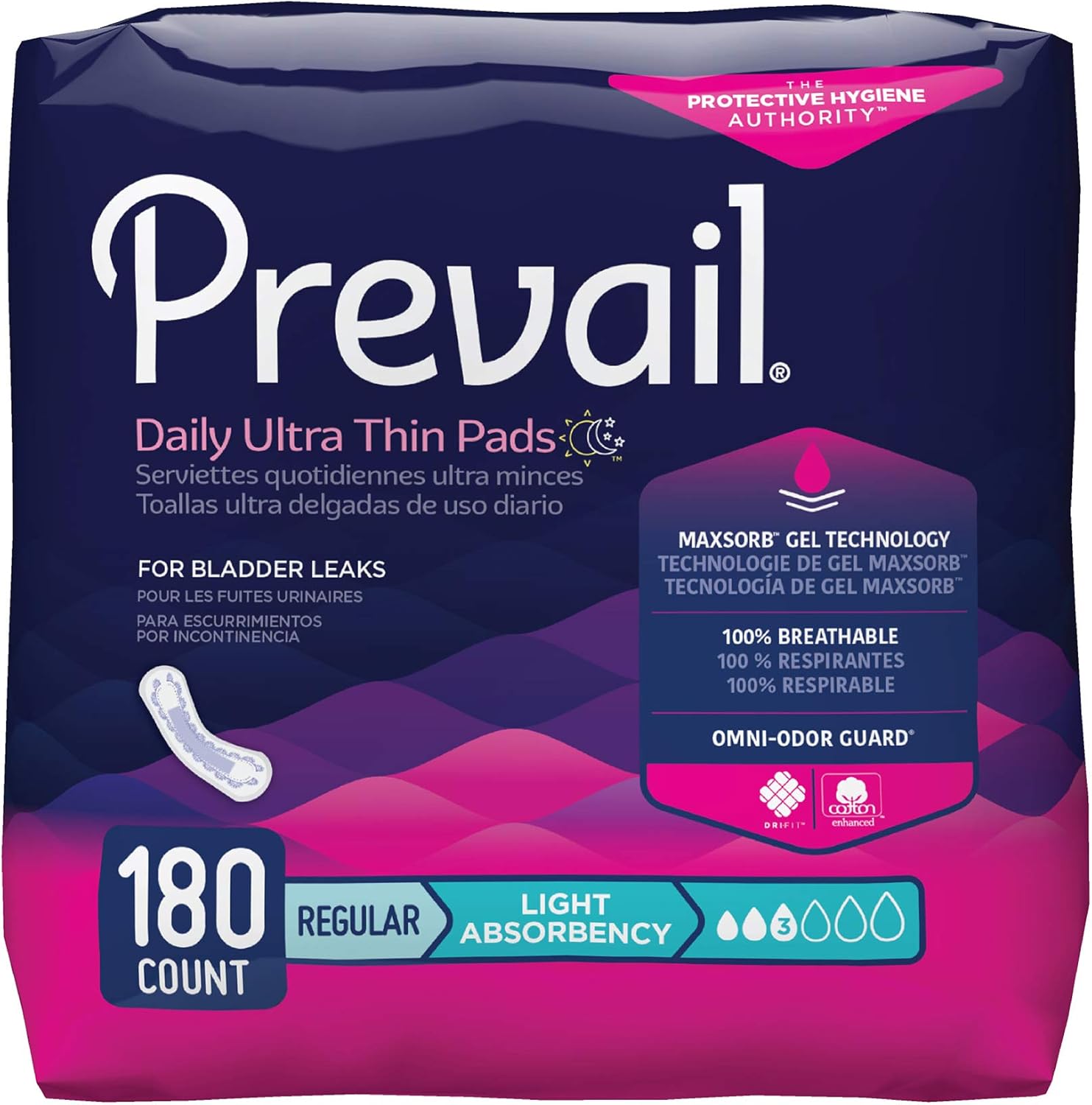 Prevail Light Absorbency Incontinence Bladder Control Pads, Regular, 180 Count