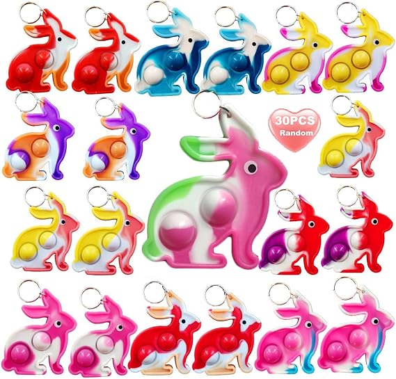 Goodangie00 30Packs Rainbow Bulk Rabbit Easter Bunny Mini Pop Fidget Keychains for Easter Decor Birthday Party Favors Gift Students Prize