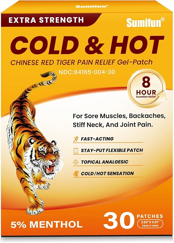 Sumifun Tiger Pain Relief Patches 5% Menthol Chinese Red Tiger Back Patch Fast-Acting & Long-Lasting Cooling Therapy for Back, Knee & Joint Pain (Large, Count, 30)