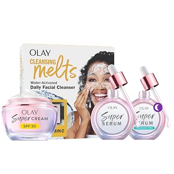 Olay Super Skin Care Day and Night Bundle, 4 Count: Super Cream with Sunscreen, SPF 30, 1.7 Oz; Super Day Serum, 1 Oz; Super Serum Night Repair, 1 Oz; Vitamin C Cleansing Melts, 12 Count