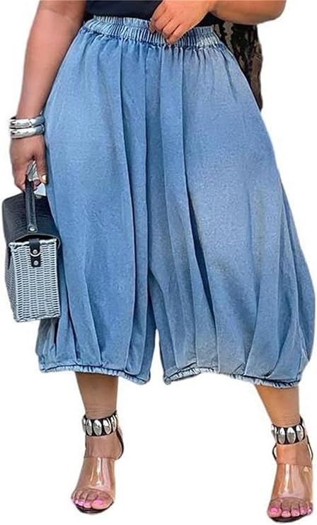 LKOUS Baggy Jeans for Women Wide Leg Plus Size Elastic Waist Barrel Denim Pants Trousers with Pockets