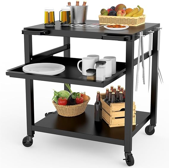 NUUK Outdoor Grill Prep Table 24"x30" Metal Grill Cart Outside 3-Layer Pizza Oven Table and 24" x 30" Station Cover