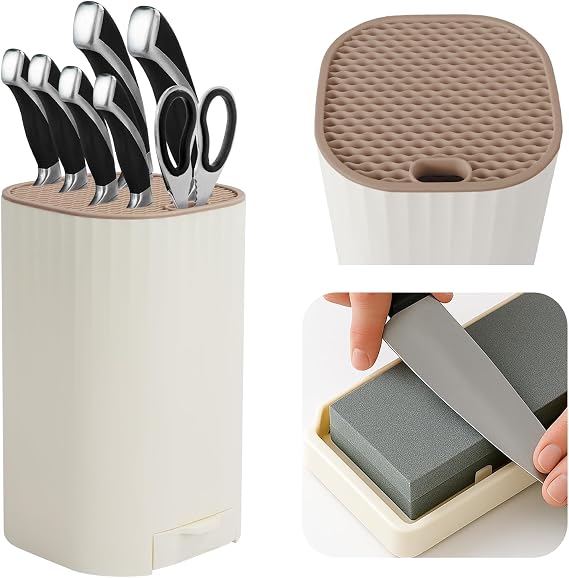 Knife Block Without Knives, Kitchen Knife Storage Organizer with Sharpening Stone, Large Capacity Detachable Knives Holder, Universal Blade Rack with Scissor Slot, Easy-Clean Space Saver for Home