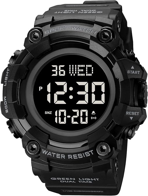 XCZAP Men's Black Digital Sports Watch, Large Face Military Tactical Watch, 5ATM Water Resistant, LED Backlight, Alarm, Stopwatch,Dual Time