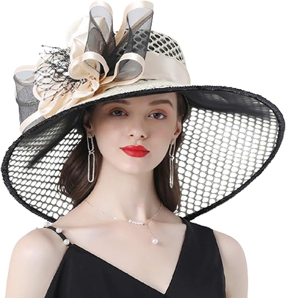 Womens Sun Hats Summer Organza Wide Brim Dress Hat Fascinator Bridal Church Tea Party Wedding Hat