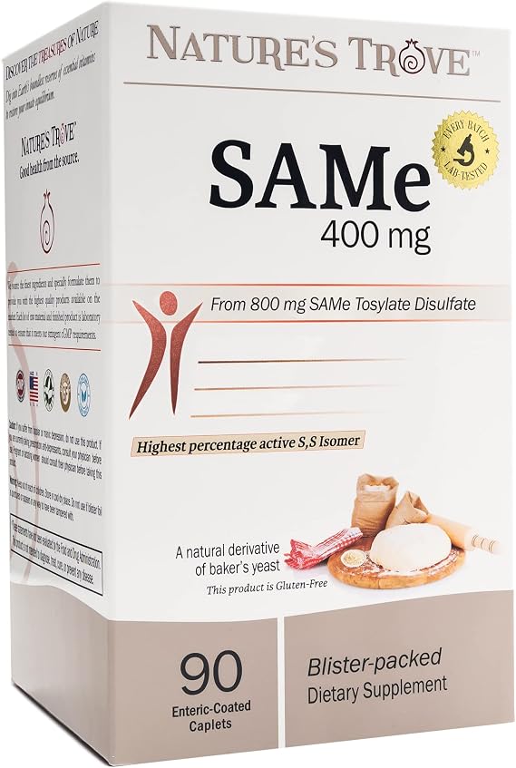 Nature's Trove SAM-e 400mg 90 Enteric Coated Caplets. Vegan, Kosher, Non-GMO Project Verified, Soy Free, Gluten Free - Cold Form Blister Packed.