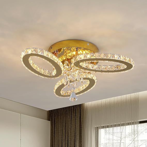 VETRULUS Crystal Chandelier Gold Flush Mount Light Dining Room Tri-Color
