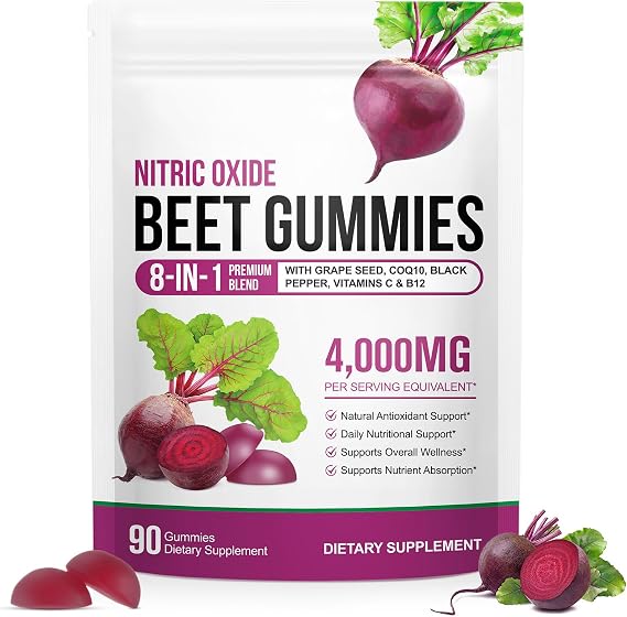 Beet Root Gummies 200mg - 8-in-1 Heart & Circulation Support Supplement - High Potency Beet Chews with Beetroot, Grape Seed, CoQ10, Vitamin C & B12 - Mixed Berry Flavor, Vegan, 90 Count