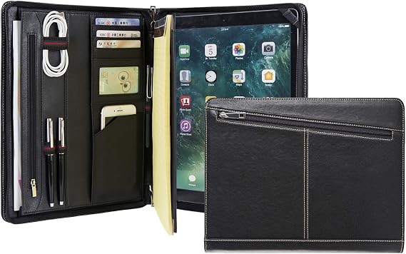 Professional Slim Padfolio Organizer Genuine Leather Compact Portfolio Case with Letter Size (A4) Paper Notepad, Business Carrying Case for iPad Pro 12.9(2017 & 2015), Gift for Men&Women