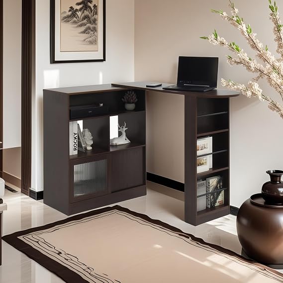 L Shaped Bookshelf,Corner Computer Desk, Rotating Corner Desk with Storage Shelves, Counter Height Dining Cabinet with 6 Storage Space