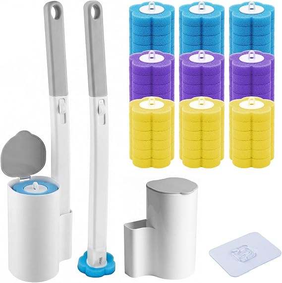Toilet Brush with Holders 2 Pack - Bowl Buddy Toilet Brush with 54 Refills Wall Mounted Toilet Wand Kit Toilet Cleaning System for Bathroom, Wash Basin and Bathtub Sink