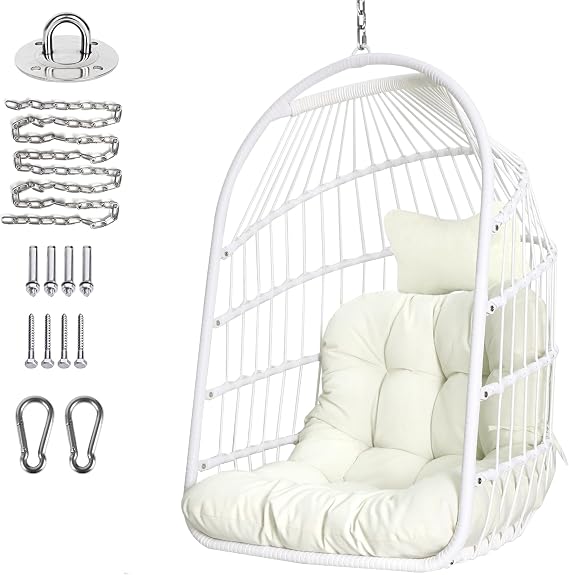 Chihee Egg Chair Foldable Wicker Rattan Hanging Chair Swing Chair Indoor Outdoor Patio Wicker Chair Hammock Chair with Stainless Steel Hanging Kit Chain Link UV Resistant Cushion Bedroom Balcony