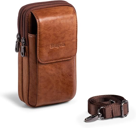 Genuine Leather Phone Holster for Belt Men, Belt Clip Wallet Case Fit for iPhone 16/15/14/13/12 Pro Max, Samsung Galaxy S25 Ultra Belt Pouch, Travel Crossbody Cell Phone Purse Belt Bag (Brown)